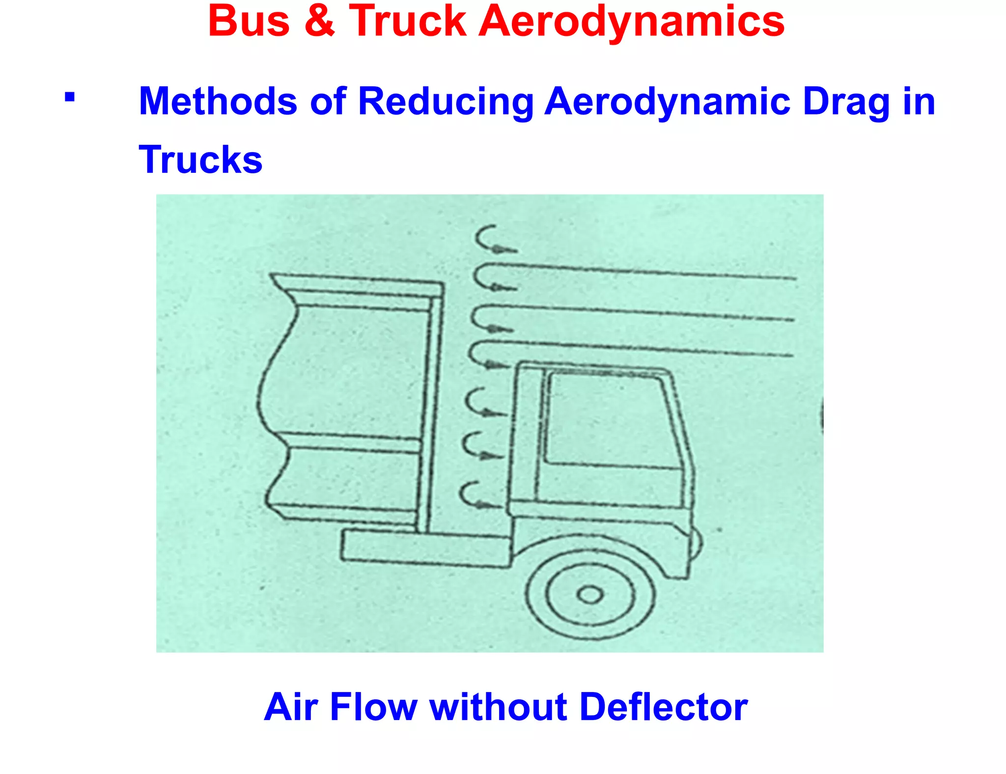 Bus & Truck Aerodynamics
 Methods of Reducing Aerodynamic Drag in
Trucks
Air Flow without Deflector
 