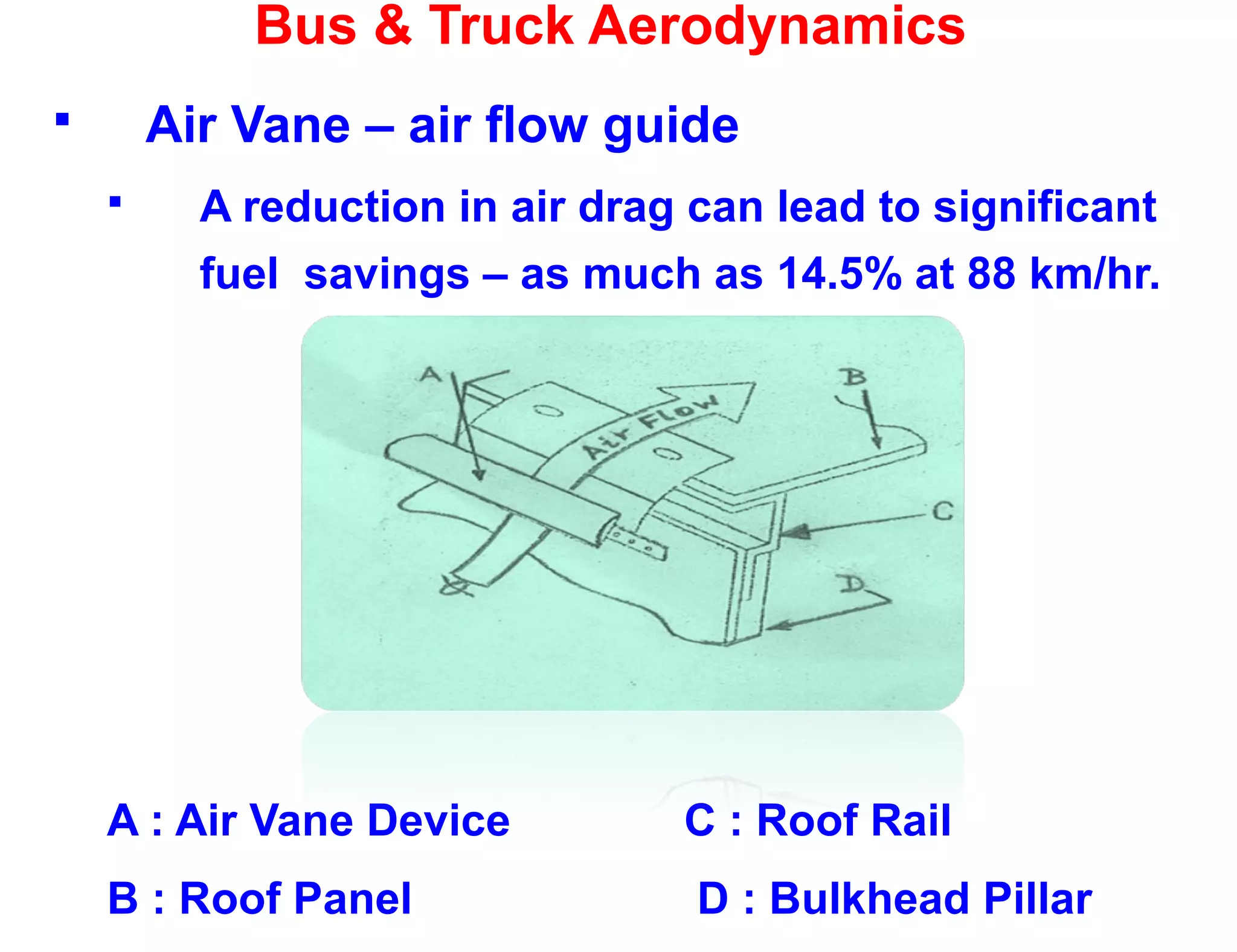 Bus & Truck Aerodynamics
 Air Vane – air flow guide
 A reduction in air drag can lead to significant
fuel savings – as much as 14.5% at 88 km/hr.
A : Air Vane Device C : Roof Rail
B : Roof Panel D : Bulkhead Pillar
 