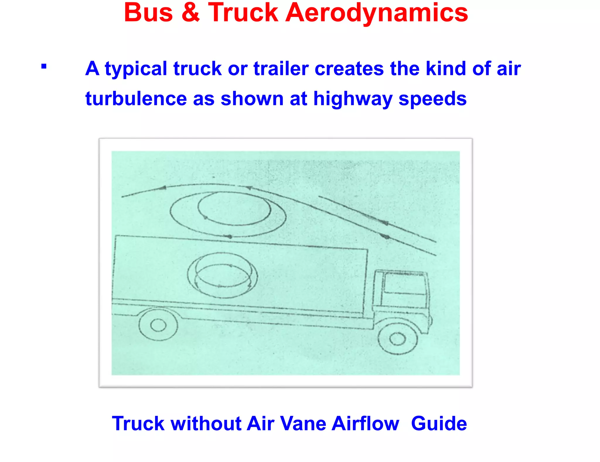 Bus & Truck Aerodynamics
 A typical truck or trailer creates the kind of air
turbulence as shown at highway speeds
Truck without Air Vane Airflow Guide
 