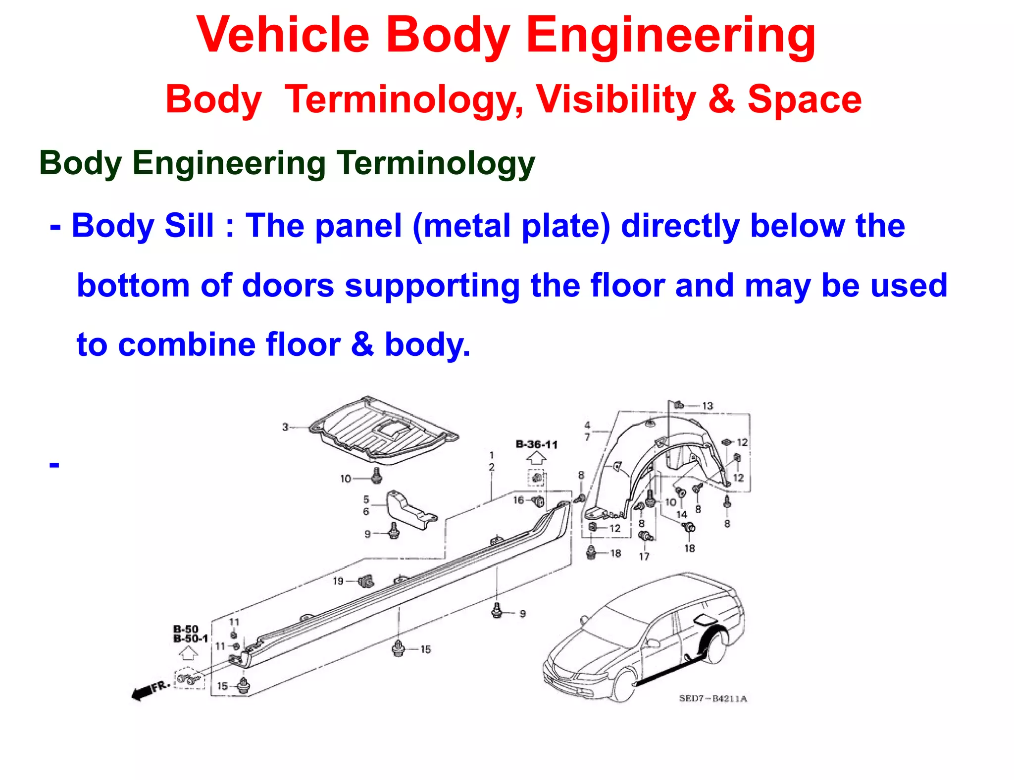 Vehicle Body Engineering
Body Terminology, Visibility & Space
Body Engineering Terminology
- Body Sill : The panel (metal plate) directly below the
bottom of doors supporting the floor and may be used
to combine floor & body.
-
 