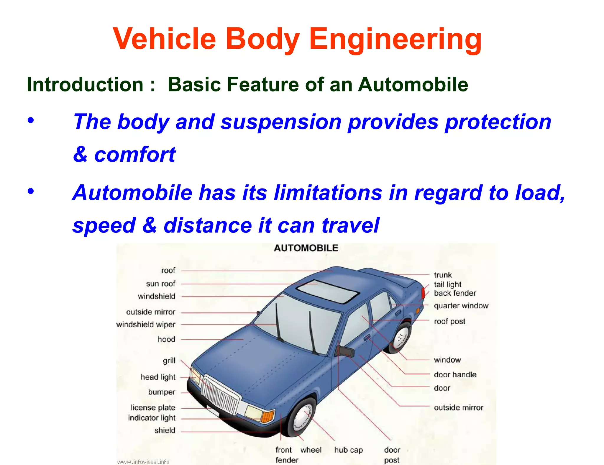 Vehicle Body Engineering
Introduction : Basic Feature of an Automobile
• The body and suspension provides protection
& comfort
• Automobile has its limitations in regard to load,
speed & distance it can travel
 