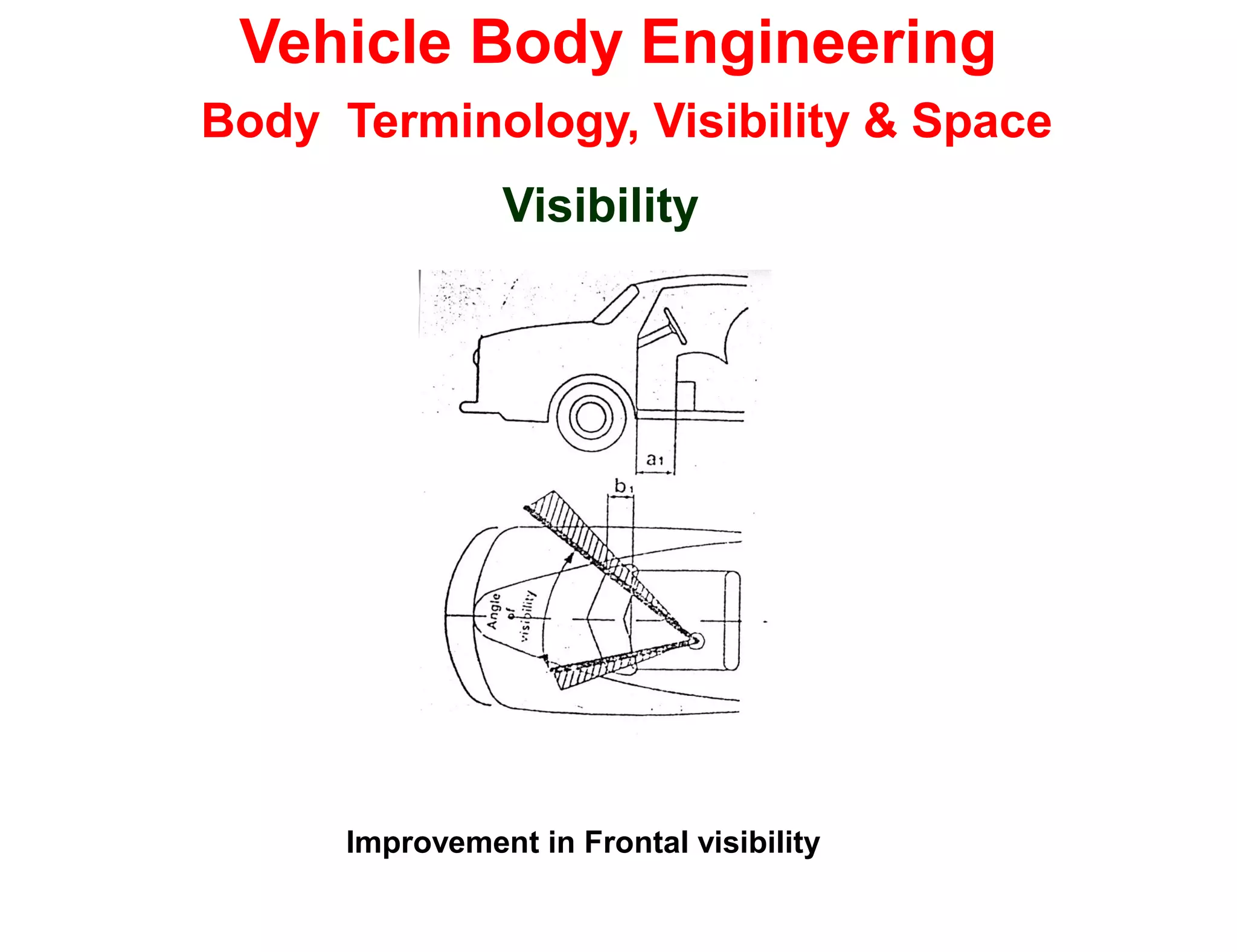 Vehicle Body Engineering
Body Terminology, Visibility & Space
Visibility
Improvement in Frontal visibility
 