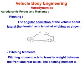 Vehicle Body Engineering
Aerodynamics
Aerodynamic Forces and Moments :
- Pitching :
The angular oscillation of the vehicle about
lateral (horizontal) axis is called pitching as shown
- Pitching Moments
Pitching moment acts to transfer weight between
the front and rear axles. The pitching moment is
 