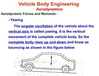 Vehicle Body Engineering
Aerodynamics
Aerodynamic Forces and Moments :
- Yawing
The angular oscillation of the vehicle about the
vertical axis is called yawing. It is the vertical
movement of the complete vehicle body. So the
complete body rises up and down and know as
bouncing as shown in the figure below
 