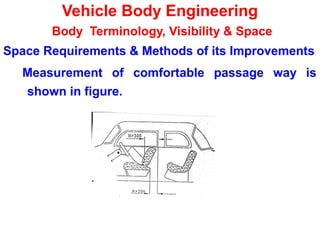 Vehicle Body Engineering
Body Terminology, Visibility & Space
Space Requirements & Methods of its Improvements
Measurement of comfortable passage way is
shown in figure.
 