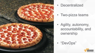 • Decentralized
• Two-pizza teams
• Agility, autonomy,
accountability, and
ownership
• “DevOps”
 