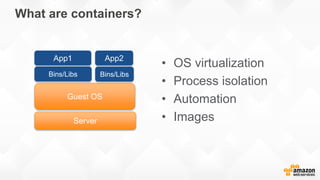 What are containers?
• OS virtualization
• Process isolation
• Automation
• ImagesServer
Guest OS
Bins/Libs Bins/Libs
App2App1
 