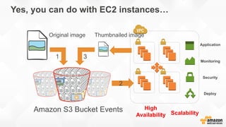 Yes, you can do with EC2 instances…
Amazon S3 Bucket Events
Original image Thumbnailed image
1
2
3
Application
Monitoring
Security
Deploy
High
Availability Scalability
 
