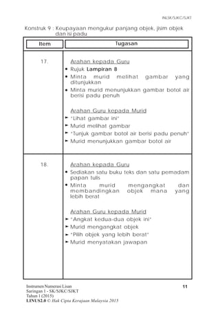 Item Tugasan
INLSK/SJKC/SJKT
11Instrumen Numerasi Lisan
Saringan 1 - SK/SJKC/SJKT
Tahun 1 (2015)
LINUS2.0 © Hak Cipta Kerajaan Malaysia 2015
Konstruk 9 : Keupayaan mengukur panjang objek, jisim objek
dan isi padu
17. Arahan kepada Guru
Rujuk Lampiran 8
Minta murid melihat gambar yang
ditunjukkan
Minta murid menunjukkan gambar botol air
berisi padu penuh
Arahan Guru kepada Murid
“Lihat gambar ini”
Murid melihat gambar
“Tunjuk gambar botol air berisi padu penuh”
Murid menunjukkan gambar botol air
18. Arahan kepada Guru
Sediakan satu buku teks dan satu pemadam
papan tulis
Minta murid mengangkat dan
membandingkan objek mana yang
lebih berat
Arahan Guru kepada Murid
“Angkat kedua-dua objek ini”
Murid mengangkat objek
“Pilih objek yang lebih berat”
Murid menyatakan jawapan
 