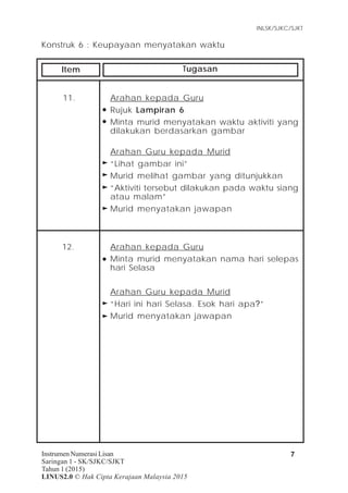 Item Tugasan
INLSK/SJKC/SJKT
7Instrumen Numerasi Lisan
Saringan 1 - SK/SJKC/SJKT
Tahun 1 (2015)
LINUS2.0 © Hak Cipta Kerajaan Malaysia 2015
Konstruk 6 : Keupayaan menyatakan waktu
11. Arahan kepada Guru
Rujuk Lampiran 6
Minta murid menyatakan waktu aktiviti yang
dilakukan berdasarkan gambar
Arahan Guru kepada Murid
“Lihat gambar ini”
Murid melihat gambar yang ditunjukkan
“Aktiviti tersebut dilakukan pada waktu siang
atau malam”
Murid menyatakan jawapan
12. Arahan kepada Guru
Minta murid menyatakan nama hari selepas
hari Selasa
Arahan Guru kepada Murid
“Hari ini hari Selasa. Esok hari apa?”
Murid menyatakan jawapan
 