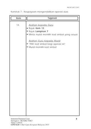 Item Tugasan
INLSK/SJKC/SJKT
9Instrumen Numerasi Lisan
Saringan 1 - SK/SJKC/SJKT
Tahun 1 (2015)
LINUS2.0 © Hak Cipta Kerajaan Malaysia 2015
Konstruk 7 : Keupayaan mengendalikan operasi asas
14. Arahan kepada Guru
Rujuk item 13
Rujuk Lampiran 7
Minta murid memilih kad simbol yang sesuai
Arahan Guru kepada Murid
“Pilih kad simbol bagi operasi ini”
Murid memilih kad simbol
 