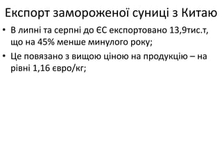 Експорт замороженої суниці з Китаю
• В липні та серпні до ЄС експортовано 13,9тис.т,
що на 45% менше минулого року;
• Це повязано з вищою ціною на продукцію – на
рівні 1,16 євро/кг;
 