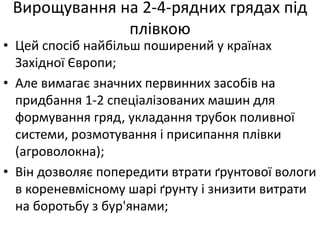 Вирощування на 2-4-рядних грядах під
плівкою
• Цей спосіб найбільш поширений у країнах
Західної Європи;
• Але вимагає значних первинних засобів на
придбання 1-2 спеціалізованих машин для
формування гряд, укладання трубок поливної
системи, розмотування і присипання плівки
(агроволокна);
• Він дозволяє попередити втрати ґрунтової вологи
в кореневмісному шарі ґрунту і знизити витрати
на боротьбу з бур'янами;
 
