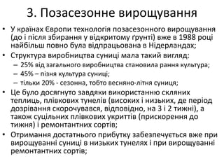 3. Позасезонне вирощування
• У країнах Європи технологія позасезонного вирощування
(до і після збирання у відкритому ґрунті) вже в 1988 році
найбільш повно була відпрацьована в Нідерландах;
• Структура виробництва суниці мала такий вигляд:
– 25% від загального виробництва становила рання культура;
– 45% – пізня культура суниці;
– тільки 20% - сезонна, тобто весняно-літня суниця;
• Це було досягнуто завдяки використанню скляних
теплиць, плівкових тунелів (високих і низьких, де період
дозрівання скорочувався, відповідно, на 3 і 2 тижні), а
також суцільних плівкових укриттів (прискорення до
тижня) і ремонтантних сортів;
• Отримання достатнього прибутку забезпечується вже при
вирощуванні суниці в низьких тунелях і при вирощуванні
ремонтантних сортів;
 