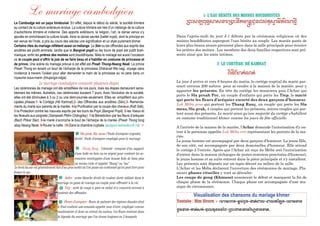 Le mariage cambodgien
Le Cambodge est un pays hindouisé. En effet, depuis le début du siècle, la société khmère
au contact de la culture extérieure évolue. La culture khmère est née d’un mélange de la culture
d’autochtone khmère et indienne. Des apports extérieurs, la religion, l’art, la danse venus s’y
ajoutés en enrichissant la culture locale. Ainsi la danse sacrée (ballet royal), dont le principe en
est venue de l’Inde, a pris au cours des siècles une signification et un style purement khmer.
Certains rites du mariage reflètent aussi ce mélange. Le Sèn ou les offrandes aux esprits des
ancêtres est plutôt animiste, tandis que le Bangvel popil ou les tours de popil est putôt brah-
manique, enfin les prières des moines sont bouddhiques. Mais le mariage est aussi l’occasion
où le couple peut s’offrir la joie de se faire beau et s’habiller en costume de princesse et
de prince. Une scène du mariage prévue à cet effet est Preah Thong-Neang Neak. Le prince
Preah Thong en tenant un bout de l’écharpe de la princesse Dhâravati fille nagi, voyage sans
incidence à travers l’océan pour aller demander la main de la princesse au roi père dans un
royaume sous-marin (bhujanga-nâga).
Le mariage cambodgien comporte plusieurs étapes
Les cérémonies de mariage ont été simplifiées de nos jours, mais les étapes demeurent sensi-
blement les mêmes. Autrefois, ces cérémonies duraient 7 jours. Avec l'évolution de la société,
elles ont été diminuées à 3 ou 2 ou une demi-journée seulement. Elles se simplifient aux prin-
cipales phases:1- le Cortège (Hè Kamnat),2- des Offrandes aux ancêtres (Sèn),3- Remercie-
ments du marié aux parents de la mariée, 4-la Purification par la coupe des cheveux (Katt Sâk),
5-la Protection contre les mauvais esprits par les tours de Popil (Bangvel Popil), 6-les Voeux et
les Noeuds aux poignets (Sampeah Phtim Chângday), 7-la Bénédiction par les fleurs d’aréquier
(Bach Phkar Slar), 8-le marié s’accroche le bout de l’écharpe de la mariée (Preah Thong tong
sbay Neang Neak. 9-Rouler la natte .10-Dans la chambre nuptiale. Quelques ustensiles de rite
Sla prak, Sla meas ( fruits d’aréquier argentés,
dorés) : fruits d’aréquier employés pour le mariage.
Thang Rang : Ustensile composé d’un support,
d’une boîte en bois ou en argent pour contenir les ac-
cessoires enveloppées d’une housse faite de tissu plus
ou moins riche et appelée “thang” ou “sac”.
Le bord du sac est généralement fait d’un gros ourlet où l’on passe un cordonnet qu’on peut tirer pour
fermer le sac.
Sabre : arme blanche droite de couleur dorée utilisée dans le
mariage en guise de courage au couple pour affronter à la vie.
Tiep : sorte de coupe à pied en métal et à couvercle servant à
contenir des offrandes.
Fleurs d’aréquier : fleurs de palmier des régions chaudes dont
le fruit contient une amande appelée noix d’arec, employée comme
masticatoire et dont on extrait du cachou. Ces fleurs rentrent dans
la légende du mariage que l’on dresse toujours en 3 bouquets.
1- L’EAU BÉNITE DES MOINES BOUDDHISTES
Nkø:tRkÙiO:):p)(NÌøi"amıpYdµp<,‘eµ:.)méln&b)uMé
Dans l’après-midi du jour J-1 débute par la cérémonie religieuse où des
moines bouddhistes aspergent l’eau bénite au couple. Les mariés parés de
leurs plus beaux atours prennent place dans la salle principale pour écouter
les prières des moines. Les membres des deux familles respectives sont pré-
sents ainsi que les amis intimes.
2- LE CORTÈGE: HÈ KAMNAT
k&oé§=aàvy‘
Le jour J arrive et vers 8 heures du matin, le cortège nuptial du marié par-
court environ 200 mètres pour se rendre à la maison de la mariée, pour y
apporter les présents. En tête du cortège les musiciens puis l’Achar qui
porte le Sla preah Por, un couple d’enfants qui porte les Tiep, le marié
qui porte les fleurs d’aréquier escorté des deux garçons d’honneur,
Lok Méba pros qui portent les Thang Rang, un couple qui porte les Sla
meas, Sla prak, 4 couples qui portent les présents, autres couples qui por-
tent aussi des présents. Le marié ainsi qu’une majorité du cortège s’habillent
en costume traditionnel khmer comme les jours de fête officielle.
A l’arrivée de la maison de la mariée, l’Achar demande l’autorisation d'y en-
trer à la personne appelée Lok Méba srei représentant les parents de la ma-
riée.
Le jeune homme est accompagné par deux garçons d'honneur. La jeune fille,
de son côté, est accompagnée par deux demoiselles d'honneur. Elle attend
le cortège à l’entrée. Après que l’Achar ait reçu du Méba srei l'autorisation
d'entrer dans la maison (échanges de joutes oratoires ponctuées d'humour),
le jeune homme et sa suite entrent dans la pièce principale et s'y installent.
Les présents sont déposés sur un tapis décoré au milieu de la salle.
L’Achar et les Méba déclarent l'ouverture des cérémonies de mariage. Plu-
sieurs phases rituelles y vont se dérouler.
Les coups de gong (Khmuos) annoncent le début et marquent la fin de
chaque phase de la cérémonie. Chaque phase est accompagnée d'une mu-
sique de circonstance.
Visualisation des chansons du mariage khmer
Youtube : Him Sivorn > (=)m(n)t-m?h‘<µt-j)y‘d)b-d)ba§p/t-(,)mp)t
uPmp)t-a)y‘:a‘-ÌbzÙpqtè<-Nkø(u)t(y)tè:Hp)tp)eß
 
