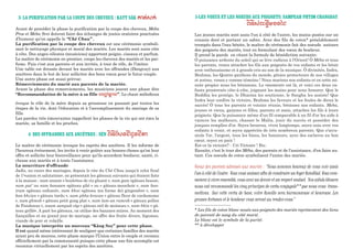 3- LA PURIFICATION PAR LA COUPE DES CHEVEUX : KATT SÂK a)y‘:a‘
Avant de procéder la phase la purification par la coupe des cheveux, Meba
Pros et Meba Srei doivent faire des échanges de joutes oratoires ponctuées
d’humour qu’on appelle le “Chè Chau” .
La purification par la coupe des cheveux est une cérémonie symboli-
sant le nettoyage physique et moral des mariés. Les mariés sont assis côte
à côte. Des anges célestes (musiciens) apportent peigne, ciseaux et parfum.
Le maître de cérémonie en premier, coupe les cheveux des mariés et les par-
fume. Puis c'est aux parents et aux invités, à tour de rôle, de l'imiter.
Une table est dressée devant les mariés avec les offrandes (Dangvay) aux
ancêtres dans le but de leur solliciter des bons vœux pour le futur couple.
Une autre phase est aussi prévue:
Rémerciements du marié aux parents de la mariée.
Avant la phase des remerciements, les musiciens jouent une phase dite
“Recommandation de la mère à sa fille hvY)àmY)b”. Le chant mélodieux
évoque le rôle de la mère depuis sa grossesse en passant par toutes les
étapes de la vie, dont l’éducation et à l’accomplissement du mariage de sa
fille.
Les paroles très émouvantes rappellent les phases de la vie qui ont ému la
mariée, sa famille et les proches.
4- DES OFFRANDES AUX ANCÊTRES : SÈN k&oé§:pdé<µpdéy)
Le maître de cérémonie invoque les esprits des ancêtres. Il les informe de
l'heureux événement, les invite à venir goûter aux bonnes choses qu'on leur
offre et sollicite leur bienveillance pour qu'ils accordent bonheur, santé, ri-
chesse aux mariés et à toute l'assistance.
La nourriture d'offrande
Jadis, au cours des mariages, depuis le rite du Chè Chau jusqu'à celui final
de 1'«union et salutation», on présentait les gâteaux suivants qui étaient faits
à la maison : nam ansam « boulettes de riz gluant », nam gam «gâteau bossu»,
nam pat' ou nam kansaen «gâteau plié » ou « gâteau-mouchoir », nam kan-
tram «gâteau enfoncé», nam khni «gâteau (en forme de) gingembre », nam
kan khvien « gâteau tordu », nam phka kravan « gâteau fleur de cardamome
», nam ghmoh « gâteau petit gong plat », nam lam-an ramcek « gâteau pollen
de Pandanus », naam sampuk càp « gâteau nid de moineau », nam bhin « gâ-
teau grillé». A part les gâteaux, on utilise des bananes mûres. Au moment des
fiançailles et au grand jour de mariage, on offre des fruits divers, légumes,
viande de porc et volaille.
La musique interprète un morceau “Kâng Soy” pour cette phase.
Il est quand même intéressant de souligner que certaines familles des mariés
ayant peu de moyens, cette phase marque l’Union entre le couple et reconnu
officiellement par la communauté puisque cette phase une fois accomplie est
reconnue virtuellement par les esprits des ancêtres.
5-LES VOEUX ET LES NOEUDS AUX POIGNETS: SAMPEAH PHTIM CHANGDAY
k&oé:àkøj"Imqtè<
Les jeunes mariés sont assis l'un à côté de l'autre, les mains posées sur un
coussin doré et portant un sabre. Avec des fils de coton* préalablement
trempés dans l'eau bénite, le maître de cérémonie fait des noeuds autours
des poignets des mariés, tout en formulant des vœux de bonheur.
Il prend la parole en citant la formule de bénédiction suivante:
Ô puissance ardente du soleil qui se lève radieux à l'Orient! Ô Méba et tous
les parents, venez attacher les fils aux poignets de vos enfants et les bénir
avec enthousiasme et à grands cris au son de la musique. Ô divinités, Indra,
Brahma, les Quatre gardiens du monde, génies protecteurs de nos villages
et autres, venez-y comme témoins ! Nous marions nos enfants et en cette mi-
nute propice nous les bénissons. Le «moment» est là, et voici ces deux en-
fants prosternés côte-à-côte, joignant les mains pour nous honorer. Que le
Buddha les protège, le Dharma les soutienne, le Sangha les assiste! Que
Indra leur confère la victoire, Brahma les faveurs et les foules de dieux le
succès! Ô tous les parents et voisins réunis, bénissez nos enfants. Meba,
jeunes et vieux, garçons et filles, parents et amis, attachez les fils à leurs
poignets. Que la puissance même d'un fil comparable à un fil d'or les aide à
vaincre les malheurs, chasser le Malin, jouir du succès et posséder des
jonques remplies d'or. Soyez heureux, vivez longtemps, soyez unis avec vos
enfants à venir, et soyez appréciés de très nombreux parents. Que s'accu-
mule l'or, l'argent, tous les biens, les honneurs, ayez des esclaves au bon
cœur, soyez en paix !
Est-ce la victoire? - Cri Victoire ! Etc.
Ensuite, c'est le tour des Méba, des parents et de l'assistance, d'en faire au-
tant. Ces noeuds de coton symbolisent l'union des mariés.
Voeux des parents adressés aux mariés : “Nous sommes heureux de vous voir assis
l’un à côté de l’autre. Vous vous unissez afin de construire un foyer famillial. Vous com-
mencez à vivre ensemble, vous avez un devoir et un respect mutuel. Nos aiëuls khmers
nous ont recommandé les cinq principes de vertu conjugale* * que nous vous trans-
mettons. Sur cette vertu de base, votre famille sera harmonieuse et heureuse. Les
grosses fortunes et le bonheur vous seront au rendez-vous.”
--------------------------
* Les fils de coton blanc noués aux poignets des mariés représentent des liens
de parenté de sang du côté marié.
Le blanc est le symbole de la purité.
** à développer
 