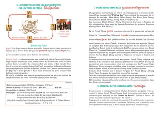 Marche des Popil Marche des Popil
6- LA PROTECTION CONTRE LES MAUVAIS ESPRITS
PAR LES TOURS DE POPILS : k&oéht&.,kk&,
MariéeMarié
3 Popil à faire
tourner autour
des mariés
Marche des Popil
Popil : Les Popil sont en forme de feuille, faits de métal ciselé et sculpté à
l’image de la déesse Umâ-Bhagavâti êm)le;yé, épouse de IsurÚ:µn(Çiva),
qu’on considère comme mère de tous les hommes.
Rite de Popil : Les jeunes mariés sont assis l'un à côté de l'autre sur le tapis.
Sept couples mariés qui n'ont jamais connu de divorce sont assis en cercle
autour d'eux. Le maître de cérémonie fait une prière et fait circuler trois
fois, à travers les couples choisis, les Popil surmontés de bougies allumées
et accompagnées de feuilles de banian (Sloeuk Po). Chaque personne reçoit
les Popil de sa main gauche et de sa main droite fait un geste pour envoyer
la fumée vers les mariés.
Ce cercle symbolise une zone de protection contre les mauvais esprits, les
empêchant ainsi de venir s'installer chez le jeune ménage.
7- PREAH THONG NEANG NEAK Nkø(u)t(y)tè:Hp)tp)e
Chaque phase correspond à un rite et s’accompagne par la musique tradi-
tionnelle de mariage dite “Phléng Kar” interprètant les morceaux du ré-
pertoire de mariage : Hom Rong, Mlob Daung, Bay Khon, Lom Neang,
Chao-Pream, Preah Thong, Neang Neak, Neak Pean, etc...
Les morceaux Preah Thong - Neang Neak tirent leur nom et l'origine de
leur composition d'une page de légende historique du premier Royaume
khmer (Nokor Kok Thlork).
Le roi Preah Thong Nkø(u)t rencontra, alors qu'il se promenait au bord de
la mer, la Princesse Nagi, Dhâravatï o)n);yéd'un royaume sous-marin (bhu-
janga-nâgalÙdtEÁp)e). Par prédestination, ils se sont donnés l'un à l'autre
sous l'ombre d'un arbre (Thlork). S'avisant de l'heure très avancée, l'heure
où son père, Roi de bhujanga-nâga doit s'inquiéter de son absence, se sen-
tant fautive d'avoir trahi la confiance du Roi Père par son amour avec Preah
Thong, la Princesse Dhâravatï invita son amant à l'accompagner pour venir
implorer le pardon de son père pour leur faute commise. Dans le voyage à
travers l'océan, Preah Thong suivait la Princesse en tenant le bout de son
écharpe.
Au retour dans son royaume avec son épouse, Preah Thong ordonna aux
savants de lui composer une musique portant son nom (Preah Thong) en
souvenir de son couronnement et de son mariage avec la Princesse Nagi,
Dhâravatï. Cette musique symbolise aussi le voyage heureux et sans inci-
dent de Preah Thong et son épouse Neang Neak à travers l'océan.
Voilà en bref, l'histoire sur le nom et l'origine de " Preah Thong - Neang
Neak" l'une des pages du répertoire musical de mariage.
Dans les cérémonies de mariage, cette page musicale accompagne la marche
des mariés vers la chambre où doit avoir lieu le rite final (l’union).
Elle constitue également le porte-bonheur pour les nouveaux mariés dans
leur future vie conjugale.
8- ROULER LA NATTE : REAM SAKANTEL n)à:)a(pI,
Toujours sous le commandement de l'Achar, les mariés qui après avoir ac-
compli la phase Preah Thong-Neang Neak doivent revenir dans la salle
commune pour assister au rite "Ream Sa kantel" (rouler la natte). Au
même moment l'orchestre joue l'air « Sa kantel ».
Aspergeant la natte où sont assis les mariés, l'Achar l'enroule en pronon-
çant des stances conjuratoires. Les mariés l'achètent, car ce sera sur cette
natte portant bonheur que le futur couple passera sa première nuit...
25/03/2012
Maître de cérémonies (Achar): NHEANChhan. Costumière: NUNG Synet
Orchestre de mariage : OUM Yoeurn, OU Sivorn. Méba Pros.................................. Méba Srei.................................
Documentation et rédaction : SAKOUSamoth
Bibliographie : . Les rites du mariage khmer, Mme Pich Sâl, Chau Séng et Charles Meyer- 1964
. Le livre du mariage khmer, Oknhà Ker Nou et Oknhà Nieuk Nou-1965
. Musique khmère, Chhuk Méng Mao-Ho Tong Ho, URBA-1966.
Cet article compilé s’inscrit dans le cadre de la promotion de la Culture khmère.
Samothsakou@aol.com 01 71 40 11 27
 