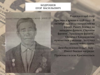 Родился в 1916 году
Призван в армию в 1938 году . В
октябре 1941 года направлен на
фронт. Ранет. Воевал на
западном фронте ,Степном
фронте , Уральском фронте .
Окончил Касимовское
пулеметное училище , получил
звание лейтенанта.
Демобилизован в 1946 году .
Имеет боевые награды.
Проживал в селе Красносельск
БОДРОШЕВ
ЕГОР ВАСИЛЬЕВИЧ
 