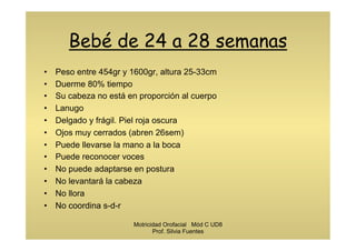Bebé de 24 a 28 semanas
•  Peso entre 454gr y 1600gr, altura 25-33cm
•  Duerme 80% tiempo
•  Su cabeza no está en proporción al cuerpo
•  Lanugo
•  Delgado y frágil. Piel roja oscura
•  Ojos muy cerrados (abren 26sem)
•  Puede llevarse la mano a la boca
•  Puede reconocer voces
•  No puede adaptarse en postura
•  No levantará la cabeza
•  No llora
•  No coordina s-d-r
Motricidad Orofacial Mód C UD8
Prof. Silvia Fuentes
 