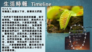 生活時報生活時報 TimelineTimeline
15:1-4, 12
有幾個人從猶太下來，教導弟兄們說有幾個人從猶太下來，教導弟兄們說
：：
““ 你們若不照摩西的規例受割禮，就不你們若不照摩西的規例受割禮，就不
能得救。能得救。”” 保羅和巴拿巴，與他們大大保羅和巴拿巴，與他們大大
地爭執辯論起來。大家就派保羅、巴地爭執辯論起來。大家就派保羅、巴
拿巴和他們中間的幾個人，為這個問拿巴和他們中間的幾個人，為這個問
題上耶路撒冷去見使徒和長老。於是題上耶路撒冷去見使徒和長老。於是
教會給他們送行，他們就經過腓尼基教會給他們送行，他們就經過腓尼基
、撒瑪利亞，述說外族人怎樣歸主的、撒瑪利亞，述說外族人怎樣歸主的
事，使弟兄們大大喜樂。到了耶路撒事，使弟兄們大大喜樂。到了耶路撒
冷，他們受到教會、使徒和長老的接冷，他們受到教會、使徒和長老的接
待，就報告　神同他們一起所行的一待，就報告　神同他們一起所行的一
切切…………大家都靜默無聲，聽巴拿巴和保大家都靜默無聲，聽巴拿巴和保
羅述說　神藉著他們在外族人中所行羅述說　神藉著他們在外族人中所行
的神蹟奇事。的神蹟奇事。
 