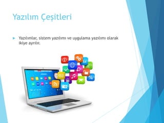 Yazılım Çeşitleri
 Yazılımlar, sistem yazılımı ve uygulama yazılımı olarak
ikiye ayrılır.
 