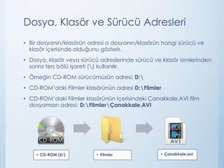 Dosya, Klasör ve Sürücü Adresleri
• Bir dosyanın/klasörün adresi o dosyanın/klasörün hangi sürücü ve
klasör içerisinde olduğunu gösterir.
• Dosya, klasör veya sürücü adreslerinde sürücü ve klasör isimlerinden
sonra ters bölü işareti () kullanılır.
• Örneğin CD-ROM sürücümüzün adresi: D:
• CD-ROM’daki Filmler klasörünün adresi D:Filmler
• CD-ROM’daki Filmler klasörünün içerisindeki Çanakkale.AVI film
dosyamızın adresi: D:FilmlerÇanakkale.AVI
• CD-ROM (D:) • Filmler • Çanakkale.avi
 