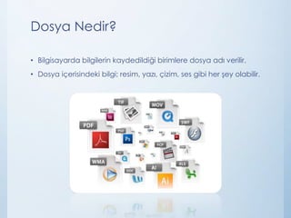 Dosya Nedir?
• Bilgisayarda bilgilerin kaydedildiği birimlere dosya adı verilir.
• Dosya içerisindeki bilgi; resim, yazı, çizim, ses gibi her şey olabilir.
 