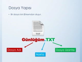 Dosya Yapısı
• Bir dosya ismi 3 kısımdan oluşur.
Dosya Adı
Nokta
Dosya Uzantısı
Günlüğüm.TXT
 