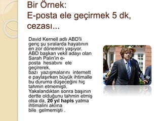 Bir Örnek:
E-posta ele geçirmek 5 dk,
cezası...
David Kernell adlı ABD'li
genç şu sıralarda hayatının
en zor dönemini yaşıyor.
ABD başkan vekil adayı olan
Sarah Palin'in e-
posta hesabını ele
geçirerek,
bazı yazışmalarını internett
e paylaşırken büyük ihtimalle
bu duruma düşeceğini hiç
tahmin etmemişti.
Yakalandıktan sonra başının
dertte olduğunu tahmin etmiş
olsa da, 20 yıl hapis yatma
ihtimalini aklına
bile gelmemişti .
 