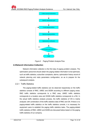 WCDMA RNO Paging Problem Analysis Guidance For Internal Use Only
2004-07-09 Confidential Page 10 of 29
Collect network infomration
Identify optimization goal
Locate paging problem
Optimize paging problem
Optimization verification
Optimization goal achieved?
END
YES
NO
Figure 2 Paging Problem Analysis Flow
2.2Network Information Collection
Network information collection is the first step of paging problem analysis. The
optimization personnel should obtain the paging-related information to-be-optimized,
such as traffic statistics, subscriber complaints, alarms, optimization history record of
network planning and radio parameters configuration, so as to prepare for the
subsequent analysis.
2.2.1 Traffic Statistics
The paging-related traffic statistics can be observed respectively on the traffic
statistics console of RNC, UMSC and SGSN according to different paging areas.
RNC traffic statistics corresponds to a RNC area, UMSC traffic statistics
corresponds to a location area and SGSN traffic statistics corresponds to a RA. In
the actual traffic statistics analysis process, the traffic statistics of CN is mainly
analyzed, with combination of the traffic statistics data of RNC and CN. If there is no
paging-related traffic statistics on the traffic statistics console, it is necessary for
equipment users to establish the paging traffic statistics tasks. The paging-related
traffic statistics of RNC, UMSC and SGSN are discussed below based on the paging
traffic statistics of our company.
 