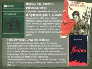 Первый бой: повести,
рассказы, стихи:
художественная лит-ра/сост. С.
И. Чупринин, ред. Г. Быкова
Сборник издан к 40-летию Победы
советского народа в Великой Отечественной
войне и посвящен фронтовому подвигу
молодого поколения 40-х годов. В книгу
вошли произведения А. Твардовского, Н.
Тихонова, В. Кондратьева, К. Воробьева и
других.
Иван Фотиевич Стаднюк «Война»
В получившем широкую известность романе И. Стаднюк
показывает усилия Советского правительства по укреплению
оборонной мощи страны накануне войны и сражения начального
периода войны в Белоруссии и на Смоленской возвышенности.
Описываемые события происходят не только на Западном фронте,
но и в Генеральном штабе, Ставке Верховного
Главнокомандования, в Политбюро ЦК партии. За роман «Война»
писателю И. Стаднюку присуждена Государственная премия СССР
1983 года.
 