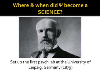 Set up the first psych lab at the University of
Leipzig,Germany (1879)
 