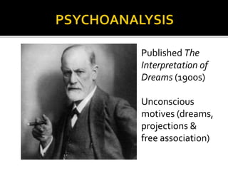 Published The
Interpretation of
Dreams (1900s)
Unconscious
motives (dreams,
projections &
free association)
 