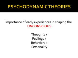 Importance of early experiences in shaping the
UNCONSCIOUS
Thoughts +
Feelings +
Behaviors +
Personality
 