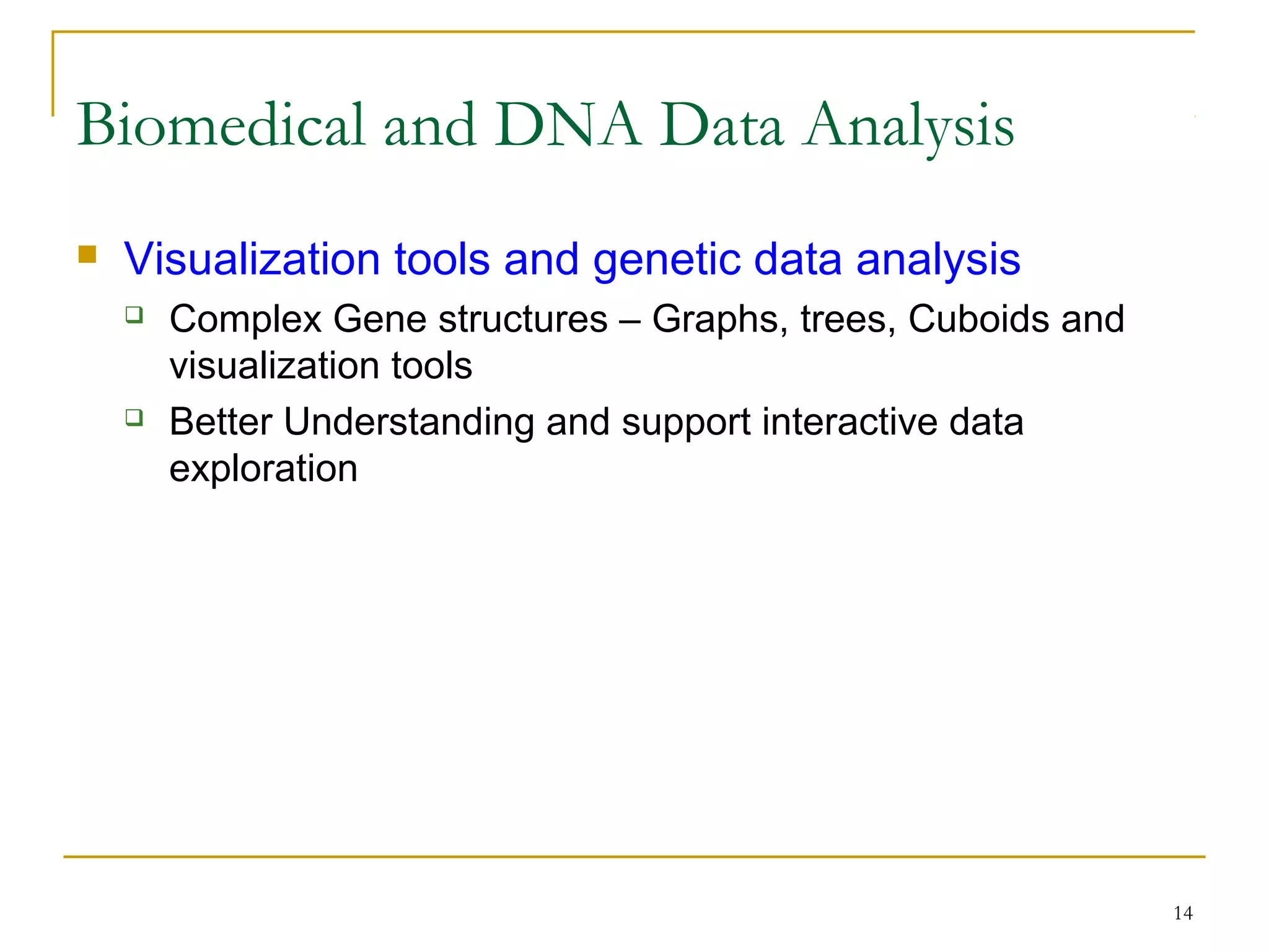 14
 Visualization tools and genetic data analysis
 Complex Gene structures – Graphs, trees, Cuboids and
visualization tools
 Better Understanding and support interactive data
exploration
Biomedical and DNA Data Analysis
 