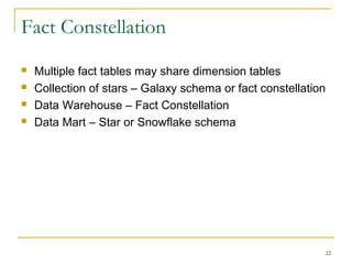 22
Fact Constellation
 Multiple fact tables may share dimension tables
 Collection of stars – Galaxy schema or fact constellation
 Data Warehouse – Fact Constellation
 Data Mart – Star or Snowflake schema
 