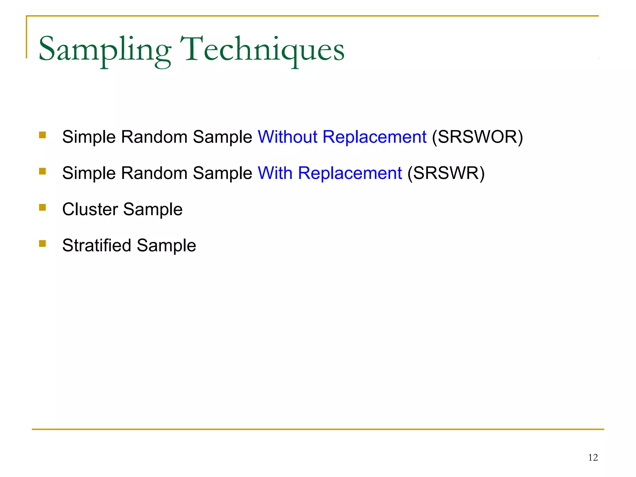 12
Sampling Techniques
 Simple Random Sample Without Replacement (SRSWOR)
 Simple Random Sample With Replacement (SRSWR)
 Cluster Sample
 Stratified Sample
 