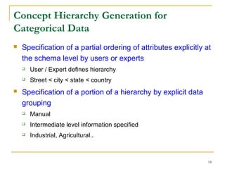 14
Concept Hierarchy Generation for
Categorical Data
 Specification of a partial ordering of attributes explicitly at
the schema level by users or experts
 User / Expert defines hierarchy
 Street < city < state < country
 Specification of a portion of a hierarchy by explicit data
grouping
 Manual
 Intermediate level information specified
 Industrial, Agricultural..
 