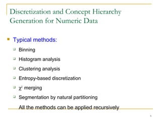 5
Discretization and Concept Hierarchy
Generation for Numeric Data
 Typical methods:
 Binning
 Histogram analysis
 Clustering analysis
 Entropy-based discretization
 χ2
merging
 Segmentation by natural partitioning
All the methods can be applied recursively
 