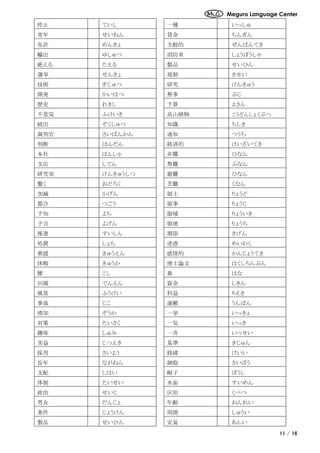 Meguro Language Center
11 / 16
停止 ていし 一種 いっしゅ
青年 せいねん 賃金 ちんぎん
免許 めんきょ 全般的 ぜんぱんてき
輸出 ゆしゅつ 消防車 しょうぼうしゃ
絶える たえる 製品 せいひん
選挙 せんきょ 規制 きせい
技術 ぎじゅつ 研究 けんきゅう
開発 かいはつ 無事 ぶじ
歴史 れきし 予算 よさん
不景気 ふけいき 高山植物 こうざんしょくぶつ
続出 ぞくしゅつ 知識 ちしき
裁判官 さいばんかん 通知 つうち
判断 はんだん 経済的 けいざいてき
本社 ほんしゃ 非難 ひなん
支店 してん 無難 ぶなん
研究室 けんきゅうしつ 避難 ひなん
驚く おどろく 苦難 くなん
加減 かげん 領土 りょうど
都合 つごう 領事 りょうじ
予知 よち 領域 りょういき
予言 よげん 領地 りょうち
推進 すいしん 期限 きげん
処置 しょち 迷惑 めいわく
救援 きゅうえん 感情的 かんじょうてき
休暇 きゅうか 博士論文 はくしろんぶん
腰 こし 鼻 はな
田園 でんえん 資金 しきん
風景 ふうけい 利益 りえき
事故 じこ 運搬 うんぱん
増加 ぞうか 一挙 いっきょ
対策 たいさく 一気 いっき
趣味 しゅみ 一斉 いっせい
実益 じつえき 基準 きじゅん
採用 さいよう 経緯 けいい
長年 ながねん 細胞 さいぼう
支配 しはい 帽子 ぼうし
体制 たいせい 水面 すいめん
政治 せいじ 区別 くべつ
男女 だんじょ 年齢 ねんれい
条件 じょうけん 周囲 しゅうい
製品 せいひん 安易 あんい
 
