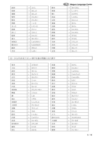Meguro Language Center
5 / 16
副詞 → ふくし 脚本 → きゃくほん
保障 → ほしょう 執筆 → しっぴつ
補償 → ほしょう 輝く → かがやく
賢明 → けんめい 斜面 → しゃめん
懸命 → けんめい 反射 → はんしゃ
閉鎖 → へいさ 棄権 → きけん
至った → いたった 危険 → きけん
経緯 → けいい 感染 → かんせん
詳しく → くわしく 幹線 → かんせん
監督 → かんとく 捜索 → そうさく
盛大 → せいだい 創作 → そうさく
祝賀会 → しゅくがかい 交渉 → こうしょう
催された → もよおされた 高尚 → こうしょう
戯曲 → ぎきょく 均衡 → きんこう
芝居 → しばい 近郊 → きんこう
（２） ひらがなを見て正しい漢字を選ぶ問題に出た漢字
要求 ← ようきゅう 派遣 ← はけん
方向 ← ほうこう 慣例 ← かんれい
政府 ← せいふ 習慣 ← しゅうかん
教育 ← きょういく 順調 ← じゅんちょう
近代 ← きんだい 順番 ← じゅんばん
国家 ← こっか 模索 ← もさく
発展 ← はってん 索引 ← さくいん
内部 ← ないぶ 浪費 ← ろうひ
現体制 ← げんたいせい 費用 ← ひよう
興奮 ← こうふん 妥協 ← だきょう
潮 ← しお 協定 ← きょうてい
崩れ ← くずれ 運営 ← うんえい
死傷者 ← ししょうしゃ 営業 ← えいぎょう
大惨事 ← だいさんじ 違反 ← いはん
役職 ← やくしょく 非難 ← ひなん
辞め ← やめ 事情 ← じじょう
隠居 ← いんきょ 正当 ← せいとう
渋滞 ← じゅうたい 認められる ← みとめられる
改善 ← かいぜん 大規模 ← だいきぼ
取り締まり ← とりしまり 災害 ← さいがい
確保 ← かくほ 即座 ← そくざ
図る ← はかる 態勢 ← たいせい
 