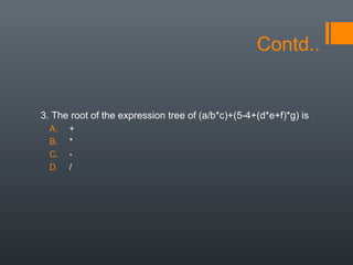 Contd..
3. The root of the expression tree of (a/b*c)+(5-4+(d*e+f)*g) is
A. +
B. *
C. -
D. /
 