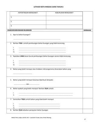 LATIHAN NOTA RINGKAS SAINS TAHUN 6
KEPENTINGAN MENGAWET KEBURUKAN MENGAWET
1.
2.
3.
PENGURUSAN BAHAN BUANGAN SEMAKAN
1. Apa itu bahan buangan?
………………………………………………………………………………………………………
2. Berikan TIGA contoh pembuangan bahan buangan yang tidak terancang.
i. ………………………………………………………………………………………………………
ii. ………………………………………………………………………………………………………
iii. ………………………………………………………………………………………………………
3. Nyatakan LIMA kesan buruk pembuangan bahan buangan secara tidak terancang.
i. ………………………………………………………………………………………………………
ii. ………………………………………………………………………………………………………
iii. ………………………………………………………………………………………………………
4. Bahan yang boleh mereput atas tindakan mikroorganisma dinamakan bahan yang
………………………………………..
5. Bahan yang boleh mereput biasanya diperbuat daripada :
………………………… dan …………………….
6. Bahan apakah yang boleh mereput? Berikan DUA contoh.
i. ………………………………………………………………………………………………………………………
ii. ……………………………………………………………………………………………………………………..
7. Senaraikan TIGA contoh bahan yang tidak boleh mereput
i. …………………………………………………………………………………………
ii. ………………………………………………………………………………………...
iii. ………………………………………………………………………………………...
`
8. Berikan DUA kebaikan pereputan bahan buangan
Modul Nota Cakna SAINS 2015~ Jurulatih Utama Sains Derah Marang
45
 