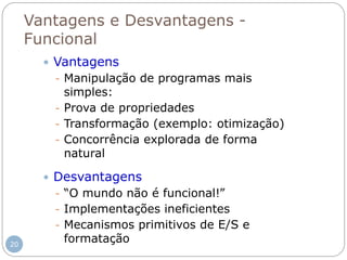 Vantagens e Desvantagens -
Funcional
 Vantagens
- Manipulação de programas mais
simples:
- Prova de propriedades
- Transformação (exemplo: otimização)
- Concorrência explorada de forma
natural
 Desvantagens
- “O mundo não é funcional!”
- Implementações ineficientes
- Mecanismos primitivos de E/S e
formatação20
 