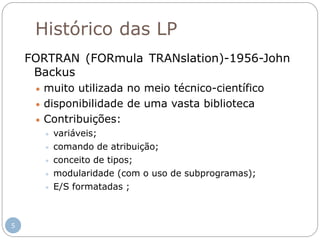 Histórico das LP
FORTRAN (FORmula TRANslation)-1956-John
Backus
 muito utilizada no meio técnico-científico
 disponibilidade de uma vasta biblioteca
 Contribuições:
 variáveis;
 comando de atribuição;
 conceito de tipos;
 modularidade (com o uso de subprogramas);
 E/S formatadas ;
5
 
