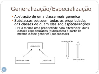 55
Generalização/Especialização
 Abstração de uma classe mais genérica
 Subclasses possuem todas as propriedades
das classes de quem elas são especializações
 Pelo menos uma propriedade para diferenciar duas
classes especializadas (subclasses) a partir da
mesma classe genérica (superclasse)
ESPECIALIZAÇÃO
GENERALIZAÇÃO
MAINFRAMEMICROCOMPUTADOR
COMPUTADOR
 
