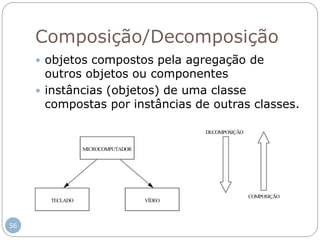 56
Composição/Decomposição
 objetos compostos pela agregação de
outros objetos ou componentes
 instâncias (objetos) de uma classe
compostas por instâncias de outras classes.
DECOMPOSIÇÃO
COMPOSIÇÃO
VÍDEOTECLADO
MICROCOMPUTADOR
 