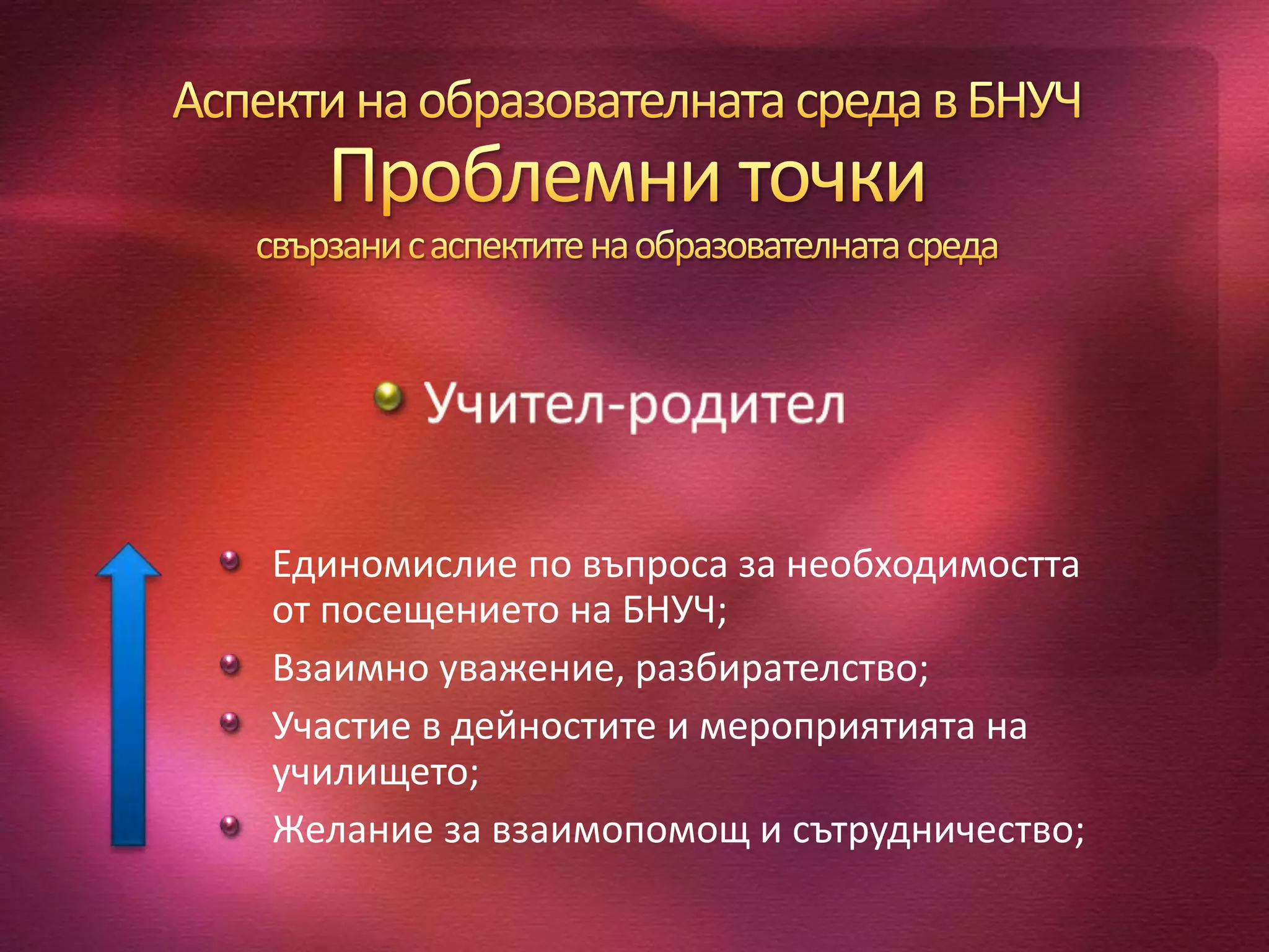 Единомислие по въпроса за необходимостта
от посещението на БНУЧ;
Взаимно уважение, разбирателство;
Участие в дейностите и мероприятията на
училището;
Желание за взаимопомощ и сътрудничество;
 