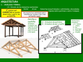 ARQUITECTURA
1.- ANÁLISIS FORMAL:
1.4.- Estudio de los elementos sostenidos:
Dintel Arcos Cubiertas (arquitrabadas o adint...