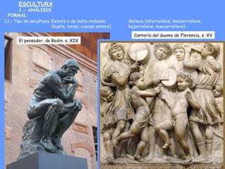 ESCULTURA
1.- ANÁLISIS
FORMAL:
1.1.- Tipo de escultura: Exenta o de bulto redondo Relieve (altorrelieve, mediorrelieve,
(b...